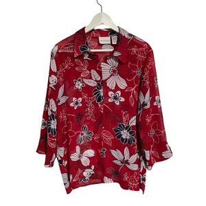 Alfred Dunner Womens Red Floral Button-Up Blouse Size 14 C-6-103-0